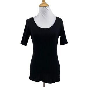 Eileen Fisher Shirt Women XS Extra Small Black Scoop Neck Organic Elbow Sleeve